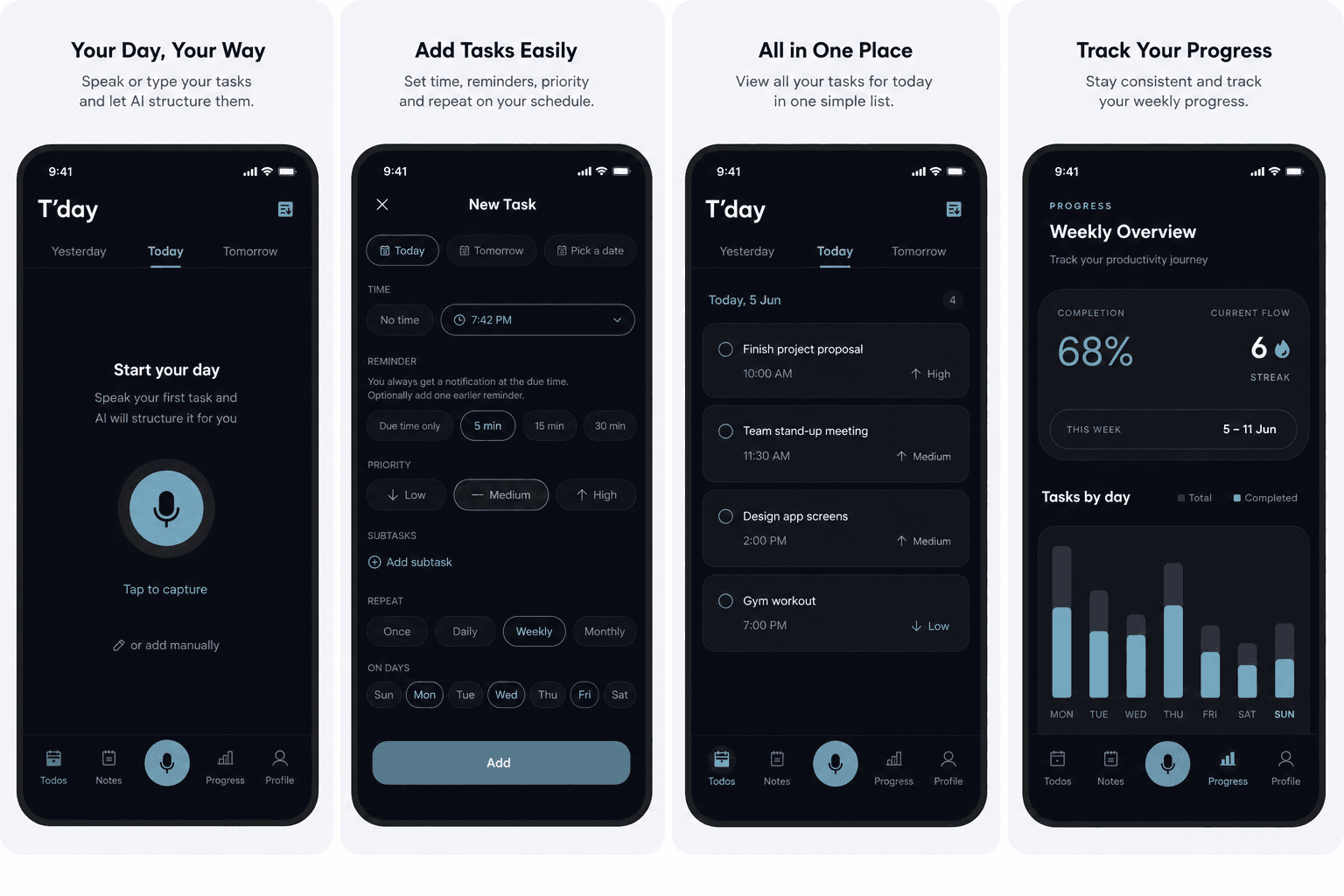 T’day - Quick Tasks app screenshots showing voice task capture, task creation, today list, and weekly progress